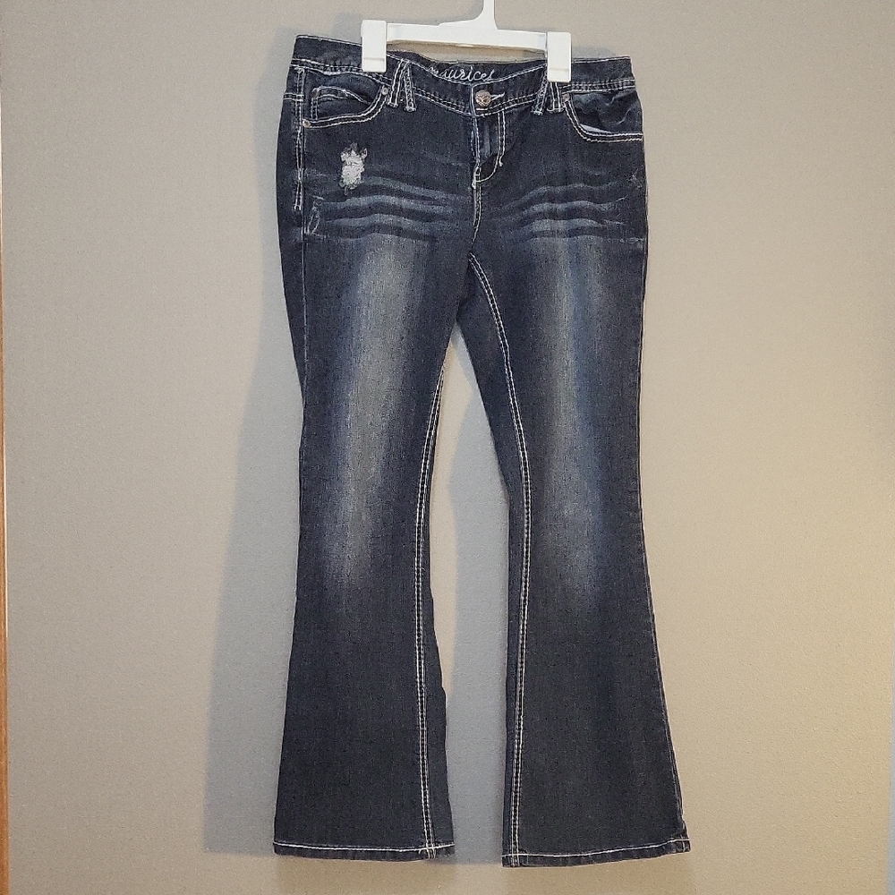 Maurices Blue Flare Wide Leg Jeans with Distressed Details